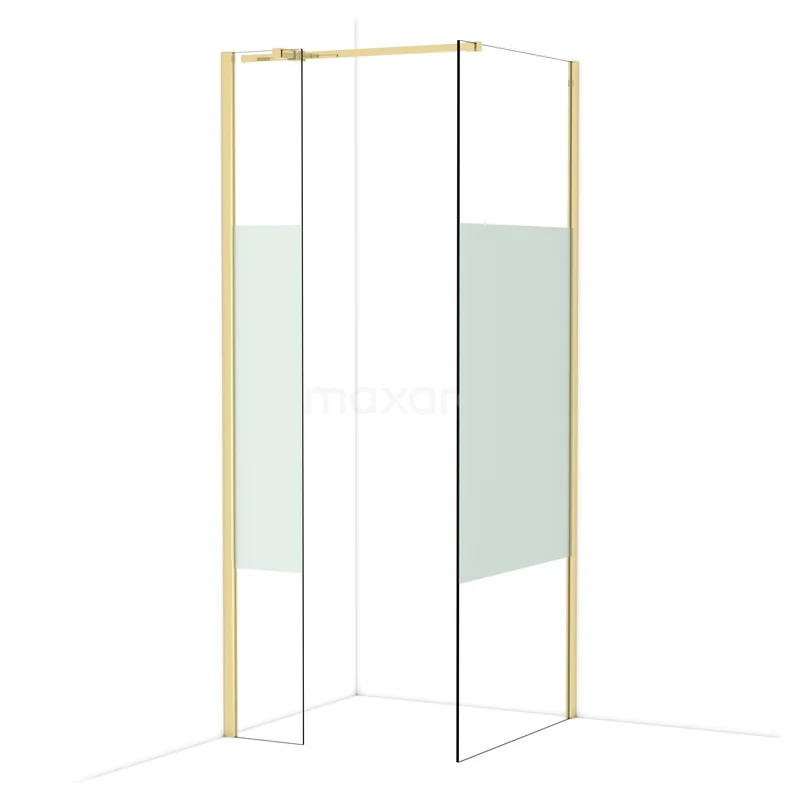 Diamond Walk-in shower | 80x30 cm Glossy light gold Clear with matt strip 2 fixed walls IDB0308313GLG Gouden hoekdouchewand met matglas en wit frame, ideaal als stijlvolle scheiding in de moderne badkamer.