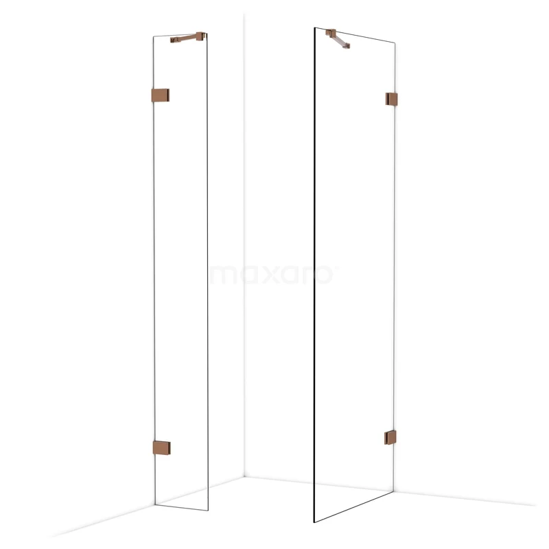 Diamond Walk-in shower | 80x30 cm Shiny copper Clear glass 2 fixed walls IDB0308420GKP Glazen douchewand met hoekopstelling, transparant glas en koperkleurige scharnieren, ideaal voor een moderne badkamerstijl.