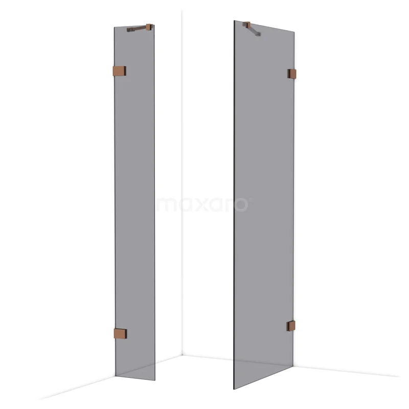 Diamond Walk-in shower | 80x30 cm Shiny copper Smoke glass 2 fixed walls IDB0308421GKP Hoekige douchewand van helder glas met zwarte scharnieren, ideaal voor een moderne badkamer.