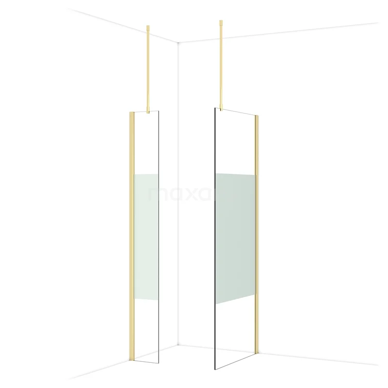 Diamond Walk-in shower | 80x30 cm Glossy light gold Clear with matt strip 2 fixed walls IDB0308913GLG Room Divider glazen douchewand met minimalistisch design, goudkleurige accenten en strak profiel geschikt voor moderne badkamers.