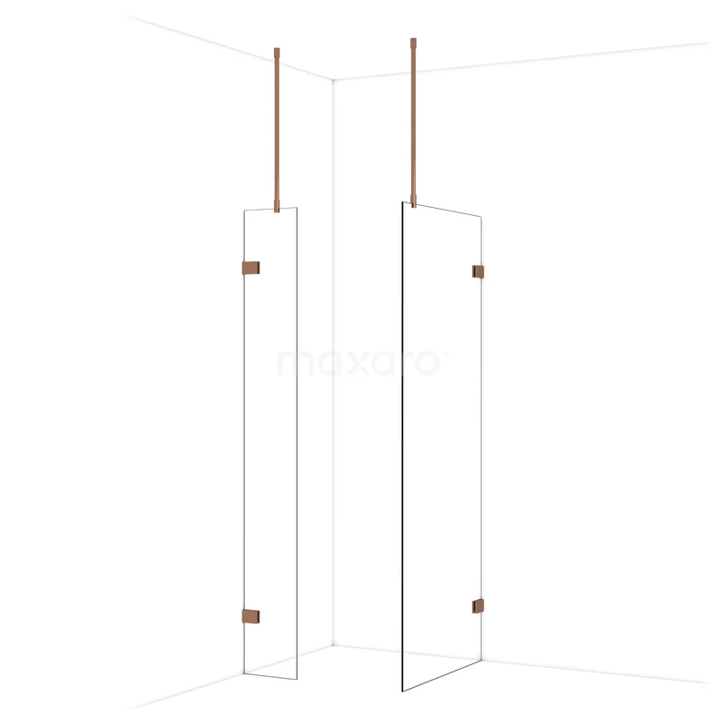 Diamond Walk-in shower | 80x30 cm Shiny copper Clear glass 2 fixed walls IDB0308920GKP Glazen douchewand met minimalistisch design, messing accenten en hoekmontage, perfect voor een moderne badkamer inrichting.