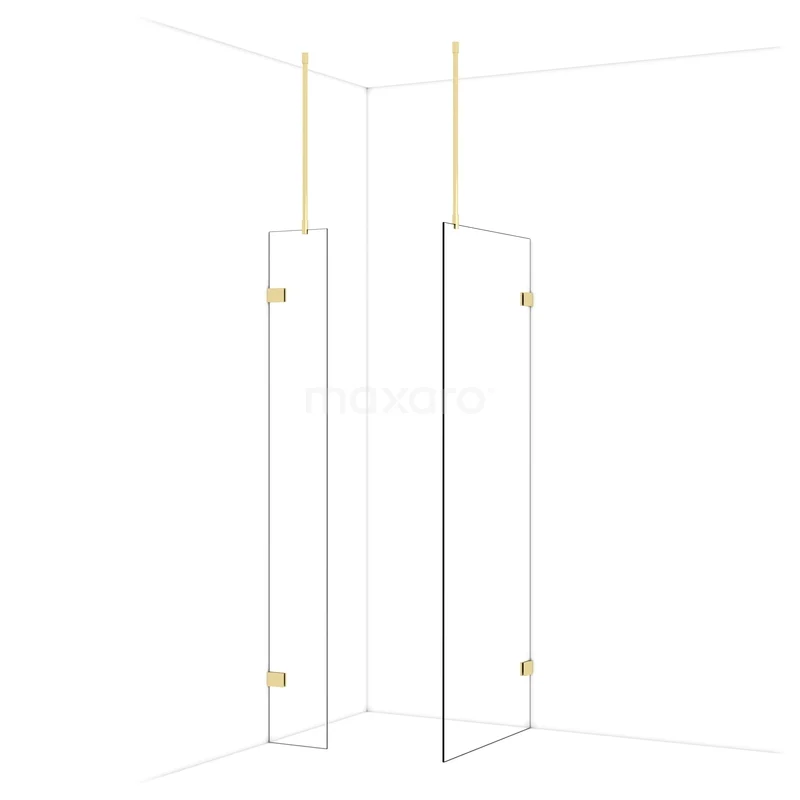 Diamond Walk-in shower | 80x30 cm Glossy light gold Clear glass 2 fixed walls IDB0308920GLG Glazen douchewand met hoekopstelling en goudkleurige bevestiging, ideaal als stijlvolle oplossing voor moderne badkamers.