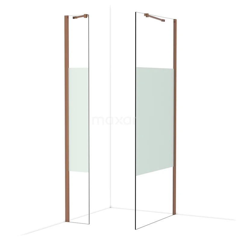 Diamond Walk-in shower | 90x30 cm Shiny copper Clear with matt strip 2 fixed walls IDB0309413GKP Glazen douchewand met mat profiel, hoekig design en deels matglas, ideaal voor een moderne badkamerinrichting.