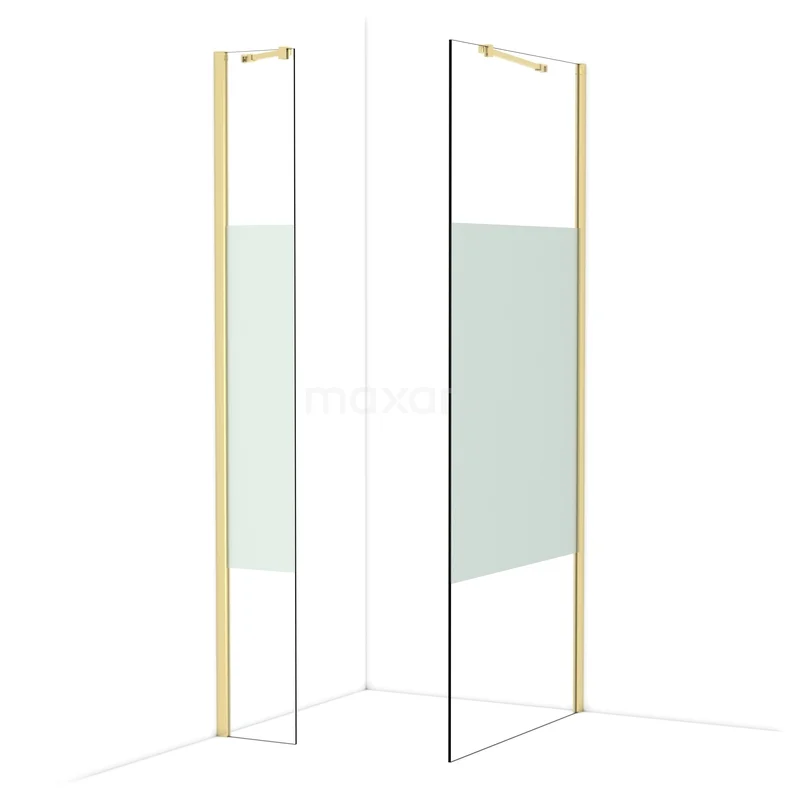 Diamond Walk-in shower | 90x30 cm Glossy light gold Clear with matt strip 2 fixed walls IDB0309413GLG Gouden douchewand met helder glas en mat detail, ideaal voor een moderne badkamerstijl.