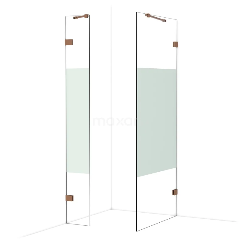 Diamond Walk-in shower | 90x30 cm Shiny copper Clear with matt strip 2 fixed walls IDB0309423GKP Glazen douchewand met koperkleurige scharnieren, gedeeltelijk mat glas, ideaal voor een moderne badkamer.