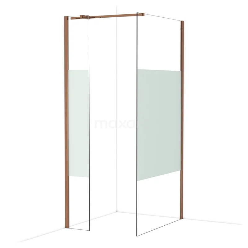 Diamond Walk-in shower | 100x30 cm Shiny copper Clear with matt strip 2 fixed walls IDB0310313GKP Douchewand met rosékleurige profielen, hoekplaatsing en matglazen detail, ideaal voor een moderne badkamer.