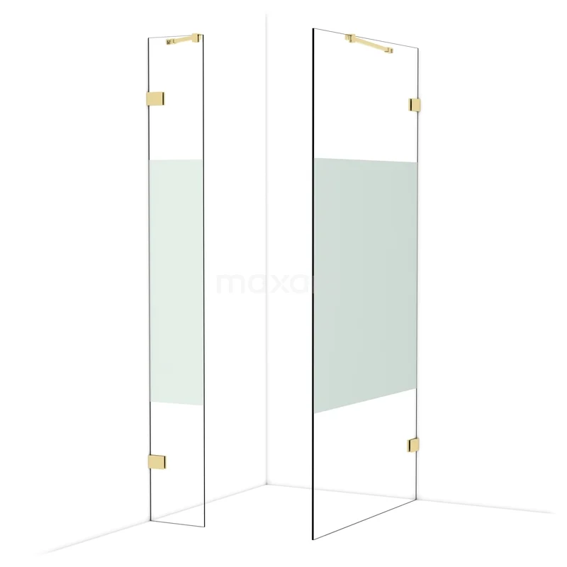 Diamond Walk-in shower | 100x30 cm Glossy light gold Clear with matt strip 2 fixed walls IDB0310423GLG Glazen douchewand met goudkleurige details en matglasaccent, perfect voor een moderne en stijlvolle badkamer.