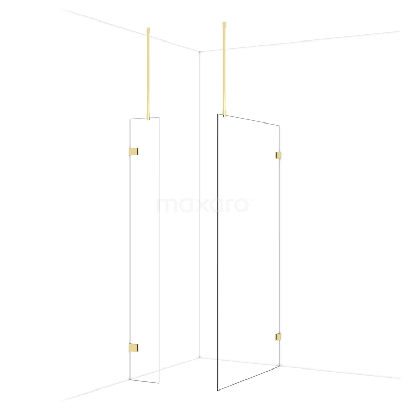 Diamond Walk-in shower | 110x30 cm Glossy light gold Clear glass 2 fixed walls IDB0311920GLG Glazen douchewand met goudkleurige details, minimalistisch ontwerp; ideale scheidingswand voor een moderne badkamerstijl.
