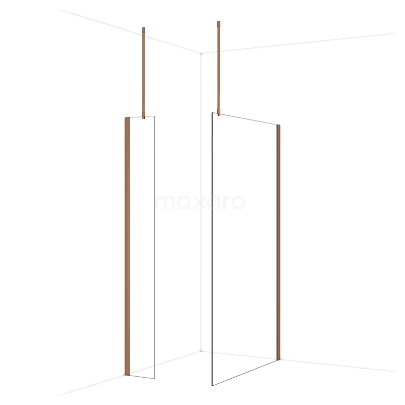 Diamond Walk-in shower | 120x30 cm Shiny copper Clear glass 2 fixed walls IDB0312910GKP Glazen douchewand met minimalistisch design, bronzen profielen en strak formaat voor moderne badkamerinrichting.