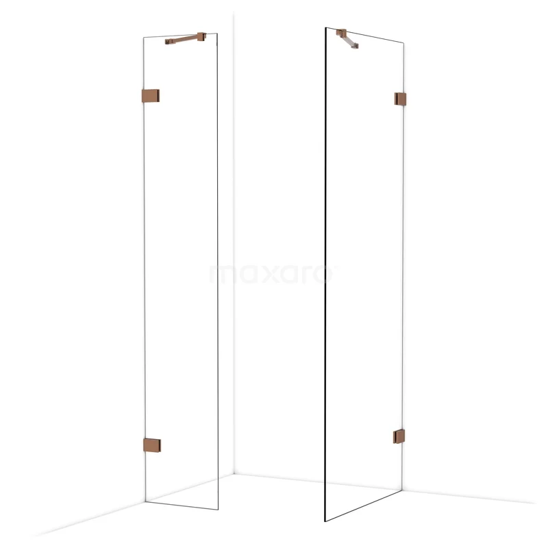 Diamond Walk-in shower | 80x40 cm Shiny copper Clear glass 2 fixed walls IDB0408420GKP Glazen douchewand met transparant design, roségouden scharnieren en minimalistische look, ideaal voor een moderne badkamer.