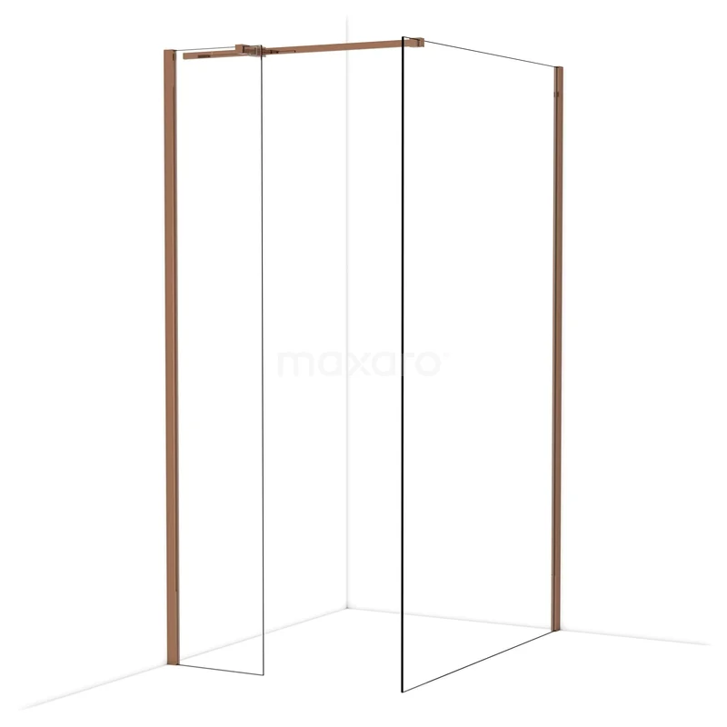 Diamond Walk-in shower | 120x40 cm Shiny copper Clear glass 2 fixed walls IDB0412310GKP Douchewand in hoekopstelling met mat zwart frame en helder glas, perfecte minimalistische afwerking voor een moderne badkamer.