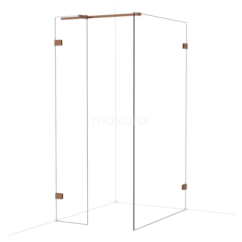 Diamond Walk-in shower | 120x40 cm Shiny copper Clear glass 2 fixed walls IDB0412320GKP Glazen douchewand met hoekopstelling, roestkleurige metalen scharnieren, perfect voor een moderne badkamer.