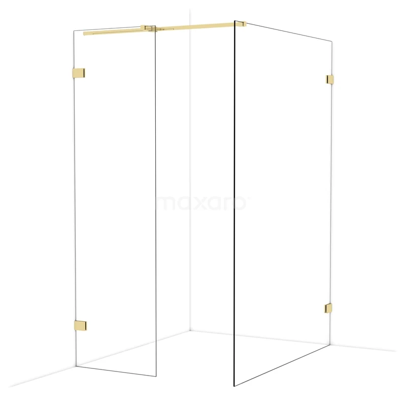 Gouden douchewand met minimalistisch design en glazen panelen; stijlvolle toevoeging aan een moderne badkamer.