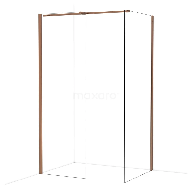 Diamond Walk-in shower | 90x70 cm Shiny copper Clear glass 2 fixed walls IDB0709310GKP Douchewand met hoekprofiel in mat goud, helder glas en minimalistisch design, perfect voor een moderne badkamerstijl.