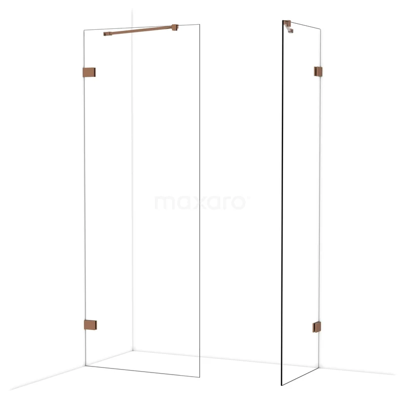 Diamond Walk-in shower | 80x60 cm Shiny copper Clear glass 2 fixed walls IDB0806420GKP Glazen douchewand in transparant design met roestvrijstalen accenten, ideaal voor een strakke, moderne badkamerstijl.