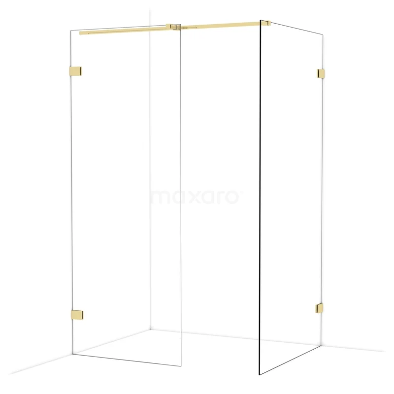 Diamond Walk-in shower | 100x80 cm Shiny light gold Clear glass 2 fixed walls IDB0810320GLG Transparent glass shower wall with gold-coloured hinges, suitable for a modern bathroom design.