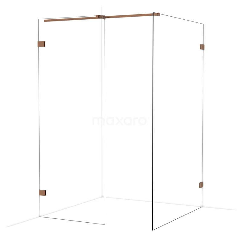 Diamond Walk-in shower | 130x80 cm Shiny copper Clear glass 2 fixed walls IDB0813320GKP Glazen douchewand in hoekopstelling met chique messing scharnieren, modern design voor stijlvolle badkamerinrichting.