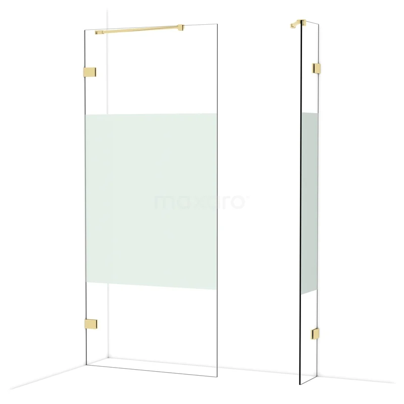 Begehbare Duschen IDB0903423GLG Glas Duschwand mit goldfarbenen Scharnieren, teilweise Mattglas, elegantes Design für eine luxuriöse Badezimmerausstrahlung.