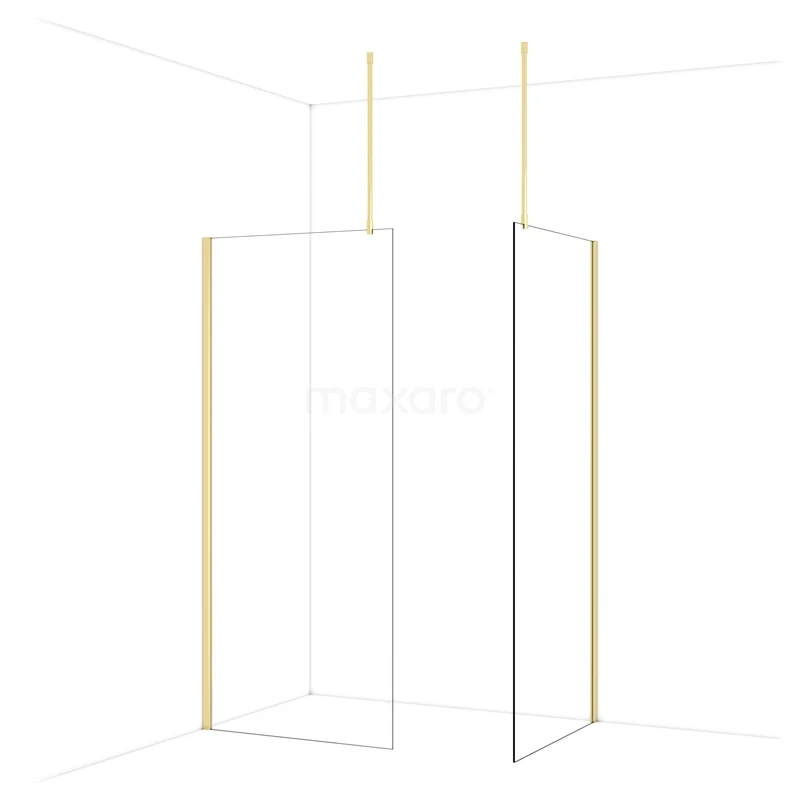 Diamond Walk-in shower | 90x90 cm Shiny light gold Clear glass 2 fixed walls IDB0909910GLG Minimalist walk-in shower wall in gold and transparent glass, sleek design for a modern bathroom decor.