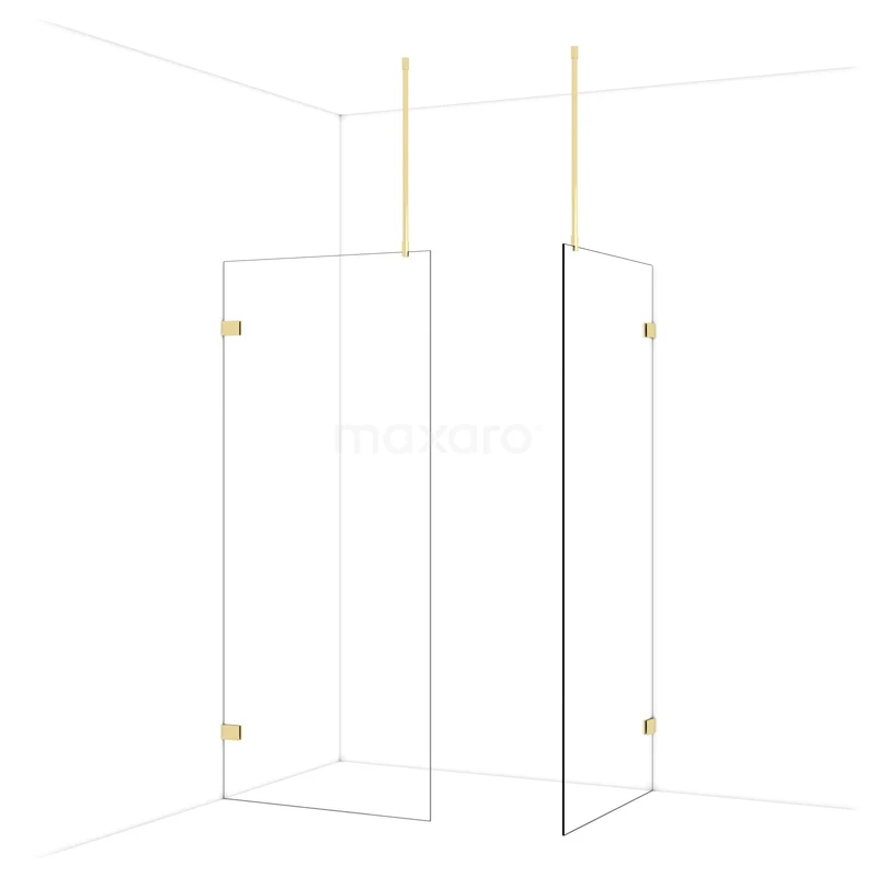 Diamond Walk-in shower | 90x90 cm Glanzend lichtgoud Clear glass 2 fixed walls IDB0909920GLG Glazen douchewand met goudkleurige details, minimalistisch design, ideaal voor moderne badkamers.