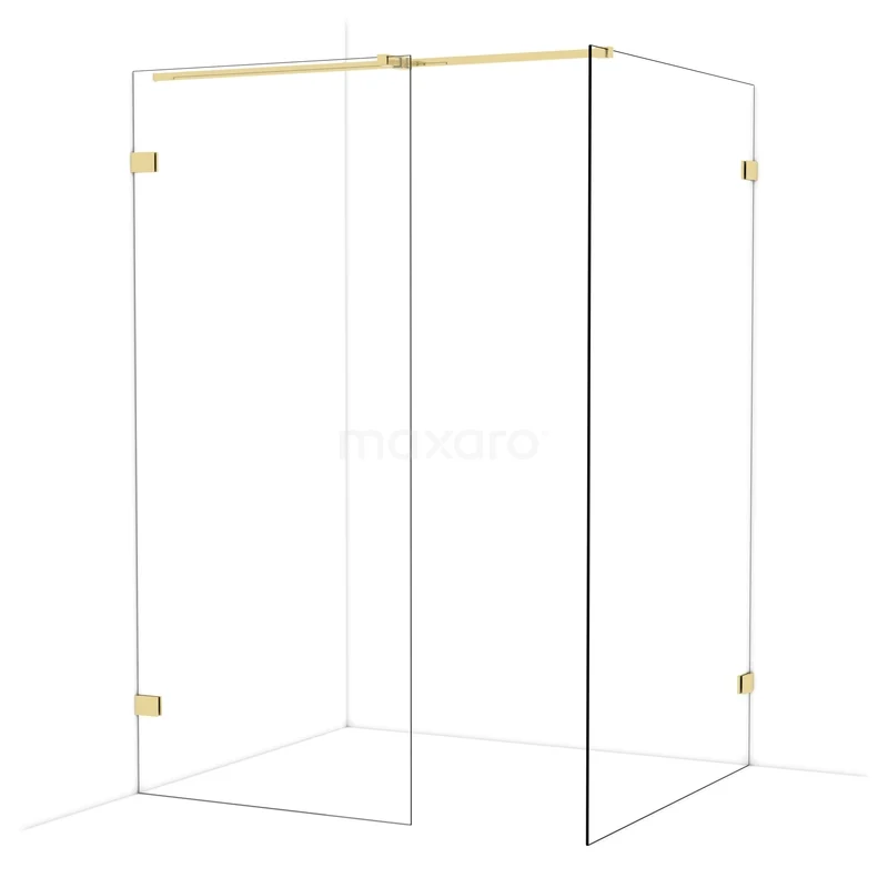 Diamond Walk-in shower | 120x90 cm Glossy light gold Clear glass 2 fixed walls IDB0912320GLG Douchewand van helder glas met goudkleurige beslag, modern hoekmodel voor een luxe uitstraling in de badkamer.