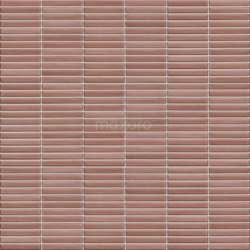 Roze keramische badkamertegel met glanzende afwerking en rechthoekig mozaïekpatroon, ideaal voor stijlvolle wanddecoratie.