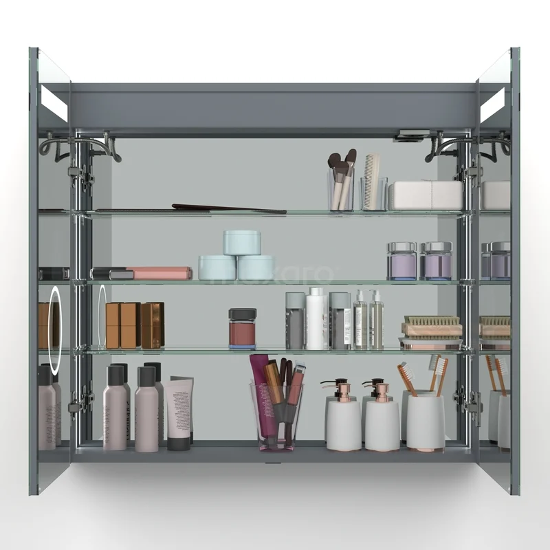 Spiegelkast Met Verlichting en Verwarming Modulo 100x70cm Naturel Eik K95-1000-59000-61 Grijze badkamerkast met glazen planken, inklapbare deuren en opslag voor verzorgingsproducten en make-upbenodigdheden.