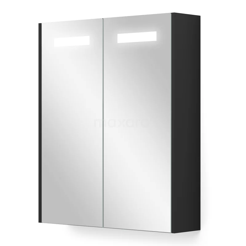 Spiegelkast Met Verlichting en Verwarming Modulo 60x70cm Mat Zwart K95-0600-59000-01 Zwart spiegelkastje met dubbele spiegeldeuren, Led-verlichting en modern design, perfect voor een stijlvolle badkamer.