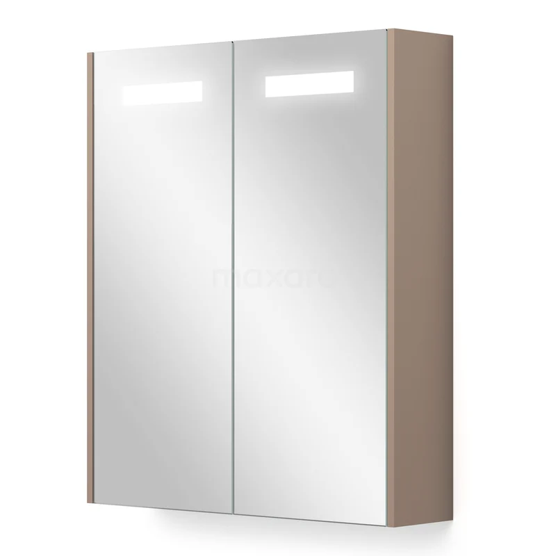 Spiegelkast Met Verlichting en Verwarming Modulo 60x70cm Taupe K95-0600-59000-02 Houten badkamerkast met spiegeldeuren en ingebouwde LED-verlichting, moderne vormgeving voor praktische opbergruimte.