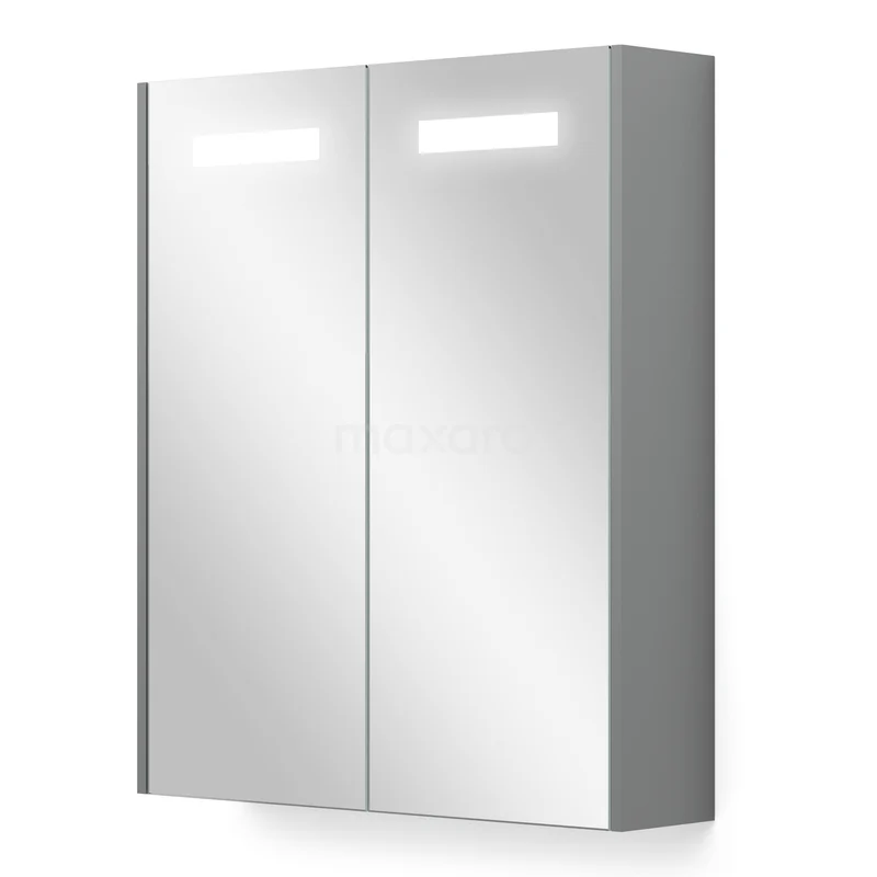 Spiegelkast Met Verlichting en Verwarming Modulo 60x70cm Middengrijs K95-0600-59000-03 Dubbele spiegelkast met geïntegreerde LED-verlichting, modern aluminium design; ideaal voor georganiseerde badkameropslag.