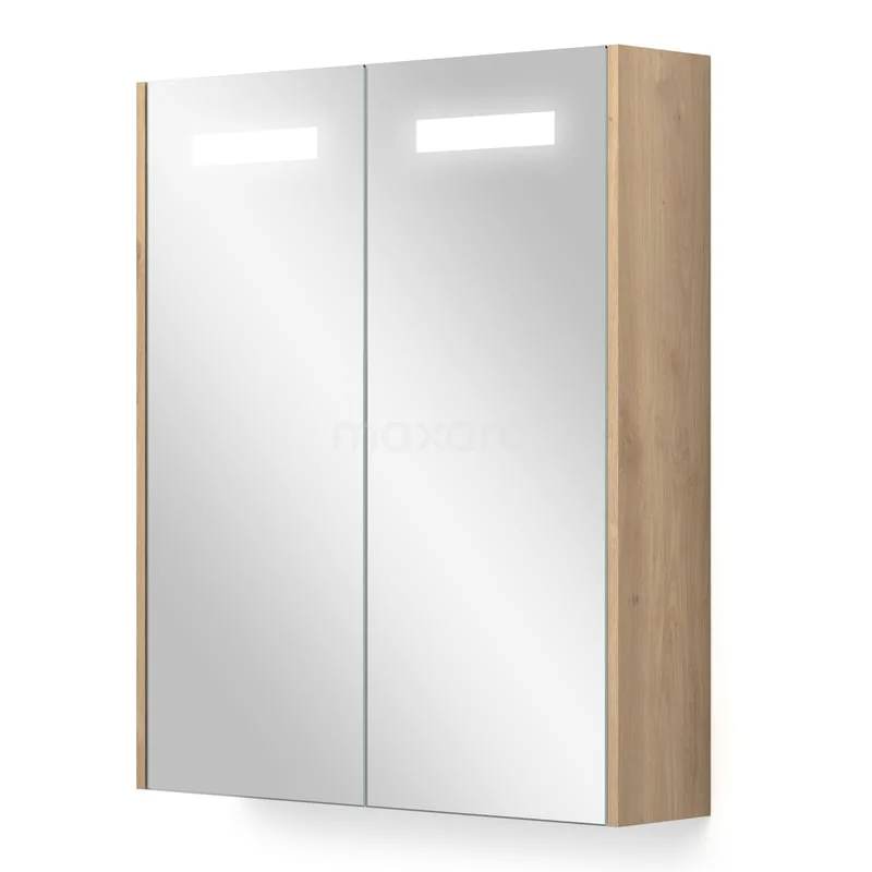Spiegelkast Met Verlichting en Verwarming Modulo 60x70cm Lichtbruin Eiken K95-0600-59000-34 Houten badkamerkast met dubbele spiegeldeuren en ingebouwde LED-verlichting voor moderne badkameropslag.