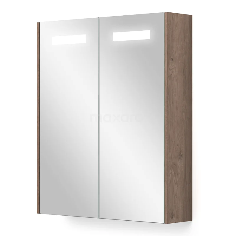Spiegelkast Met Verlichting en Verwarming Modulo 60x70cm Middenbruin Eiken K95-0600-59000-36 Houten badkamer spiegelkast met dubbele deuren, ingebouwde ledverlichting en modern design.