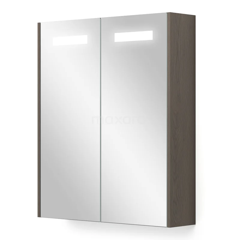 Spiegelkast Met Verlichting en Verwarming Modulo 60x70cm Donkerbruin Eiken K95-0600-59000-37 Spiegelkast houtlook met LED-verlichting, dubbele deuren en strakke afwerking, ideaal voor moderne badkameropslag.