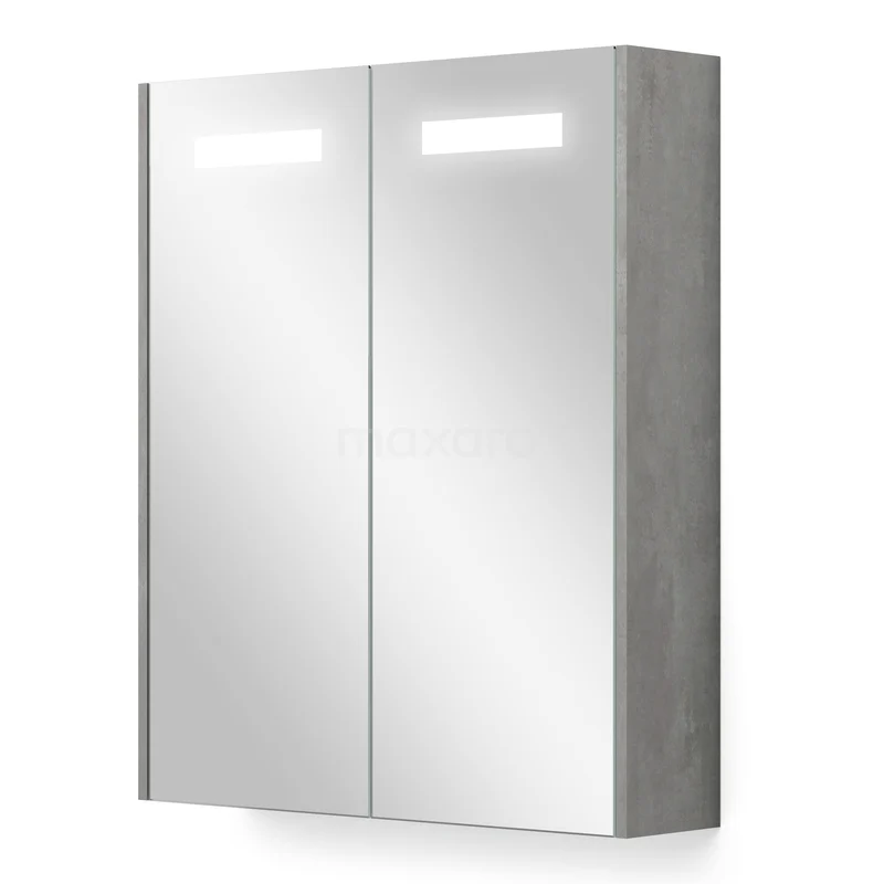 Spiegelschrank mit Beleuchtung und Heizung Modulo 60x70cm aus hellgrauem Beton K95-0600-59000-50 Badezimmer Spiegelschrank mit Doppelspiegel Türdesign, Holzlook Rahmen und integrierter LED-Beleuchtung, modern und praktisch.