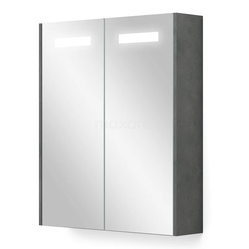 Spiegelschrank mit Beleuchtung und Heizung Modulo 60x70cm Dunkelgrau Beton K95-0600-59000-51 Spiegelschrank mit LED-Beleuchtung, graue Seiten, moderner Badschrank mit Doppeltüren und schickem Design.