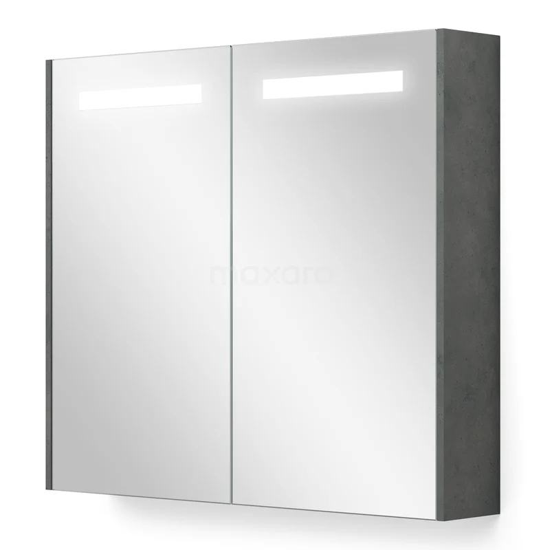 Spiegelschrank mit Beleuchtung und Heizung Modulo 80x70cm Dunkelgrau Beton K95-0800-59000-51 Grauer Badschrank mit zwei Spiegeltüren, integrierter LED-Beleuchtung und moderner Ausführung aus Holzoptikmaterial.