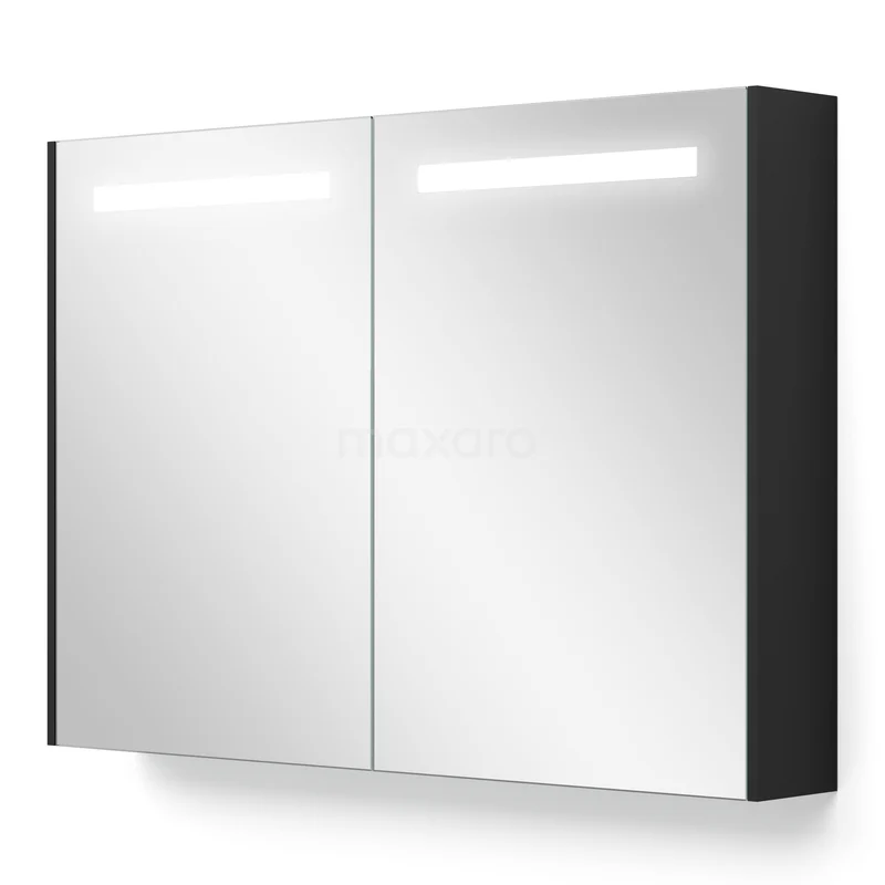 Mirror Cabinet With Lighting and Heating Modulo 100x70cm Matt Black K95-1000-59000-01 Black mirrored cabinet with double doors, LED lighting and storage space, perfect for modern bathroom decor.
