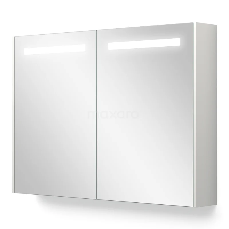 Spiegelkast Met Verlichting en Verwarming Modulo 100x70cm Hoogglans Wit K95-1000-59000-04 Wit spiegelkastje met led-verlichting, modern design, ideaal voor de badkameropslag, voorzien van twee spiegeldeuren.