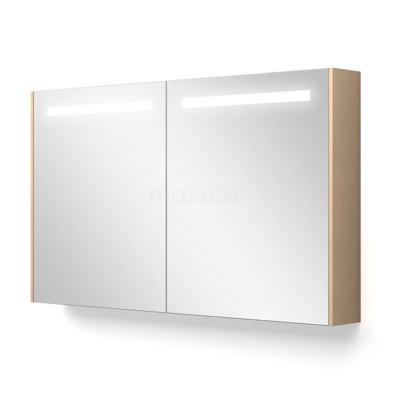 Spiegelkast Met Verlichting en Verwarming Modulo 120x70cm Naturel Eik K95-1200-59000-61 Houten spiegelkast met dubbele deuren en geïntegreerde LED-verlichting, ideaal voor moderne badkamerinrichting.