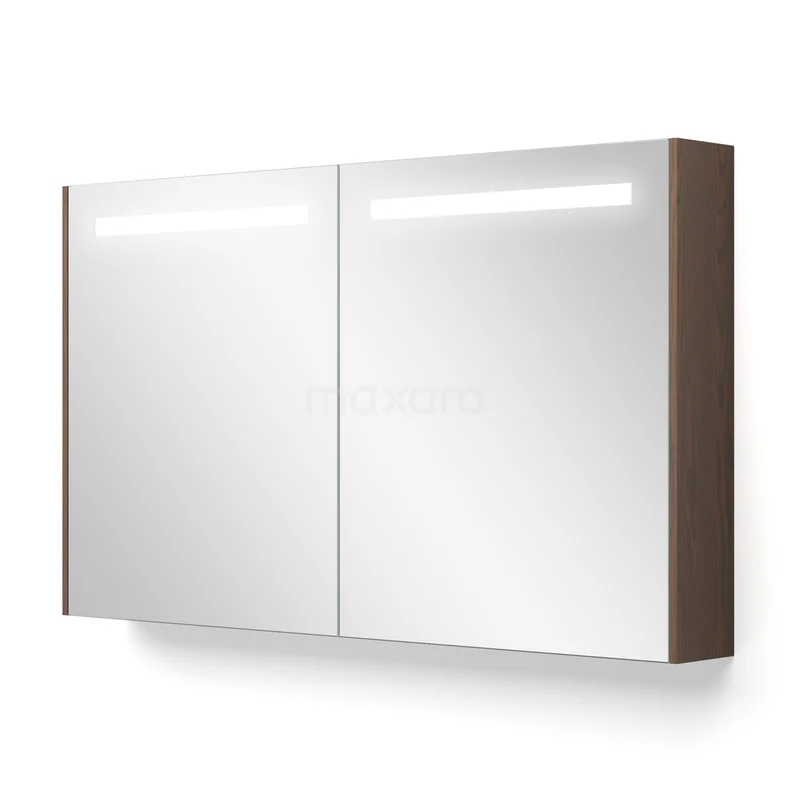 Spiegelkast Met Verlichting en Verwarming Modulo 120x70cm Cacao Eik K95-1200-59000-62 Bruine houten badkamerkast met spiegeldeuren en geïntegreerde LED-verlichting, perfect voor moderne badkamers.