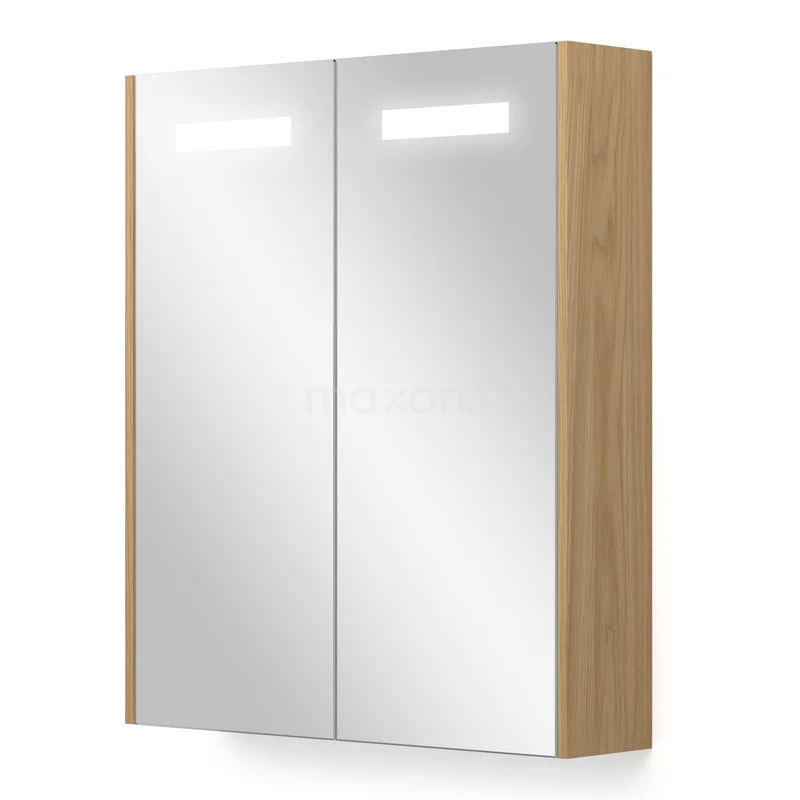 Mirror Cabinet with Lighting and Heating Modulo 60x70cm Natural Veneer K95-0600-59000-60 Bathroom mirror cabinet with LED lighting, wood-look sides and double mirrored doors, ideal for modern bathroom space.