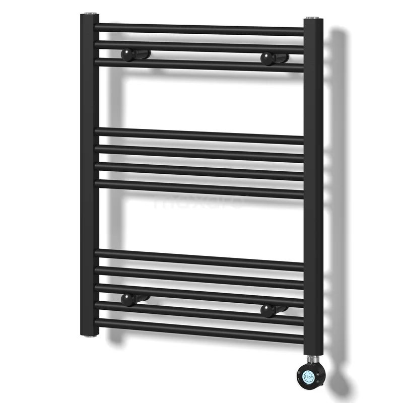 Mars Radiator Elektrisch | 60x74 cm Mat zwart 339 W att Staal DR16-0607SBN-EN Zwarte handdoekradiator met horizontale stangen, modern design, ideaal voor een stijlvolle en functionele badkamerverwarming.