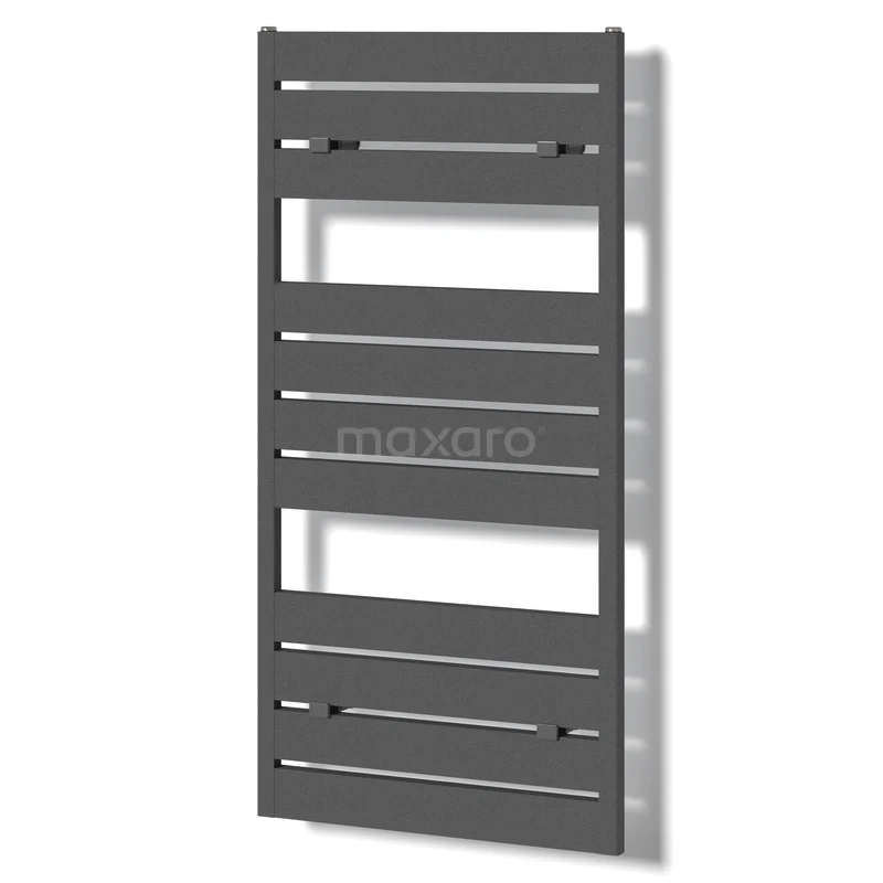 Pluto Handdoekradiator | 60x120 cm Donkergrijs 749 W att Aluminium Centrale verwarming DR60_0612RDN Antraciet handdoekradiator met horizontale lamellen, strak design, ideaal voor moderne badkamers.