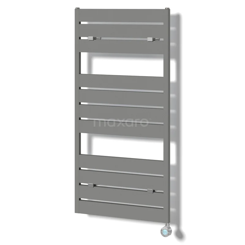 Pluto Radiator Elektrisch | 60x120 cm Lichtgrijs 749 Watt Aluminium DR60_0612RLN-EN Grijze handdoekradiator met horizontale lamellen, ideaal voor de badkamer, modern design van duurzame metalen constructie.