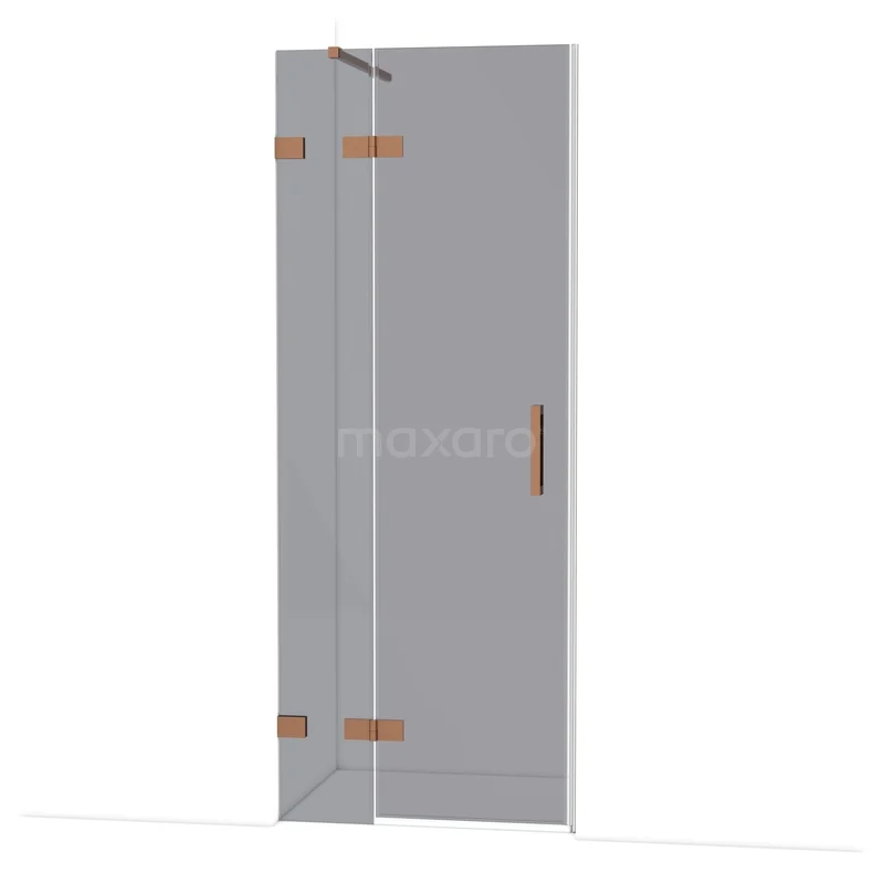 Glazen douchedeur met bronzen scharnieren, strak modern design, ideaal voor een luxe badkamer.