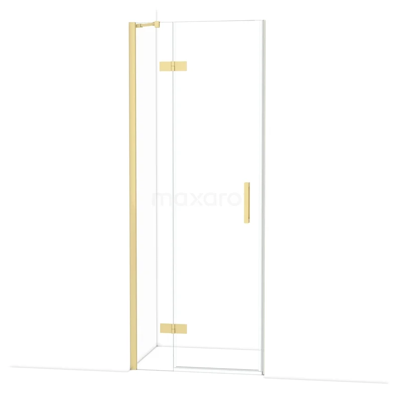 Gouden douchedeur met glazen panelen en minimalistisch design, perfect voor een moderne badkamer.