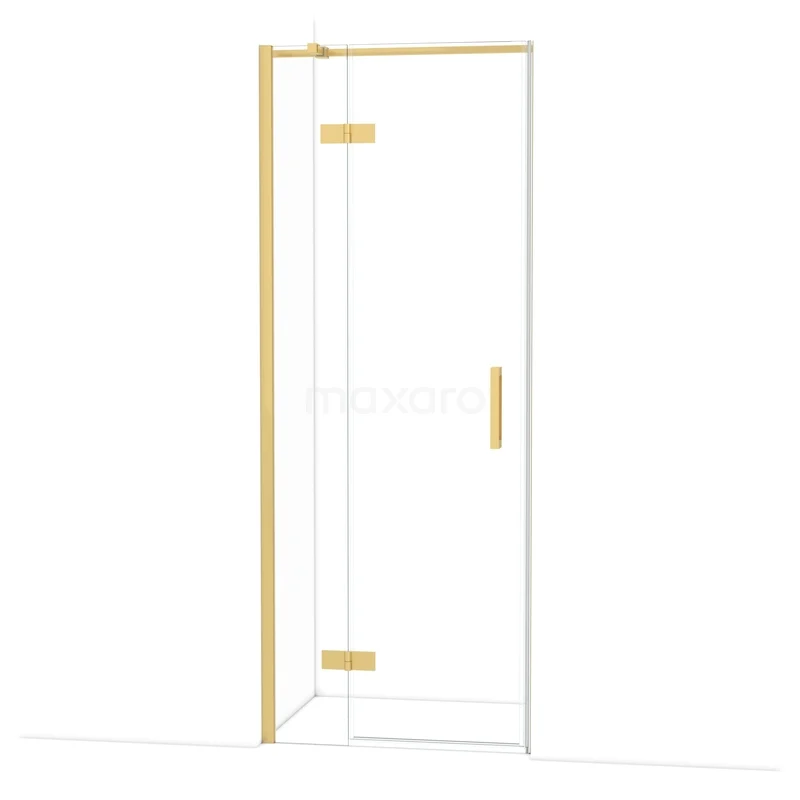 Douchewand met gouden accenten, glazen deur en strak design, perfect voor een moderne badkamer.