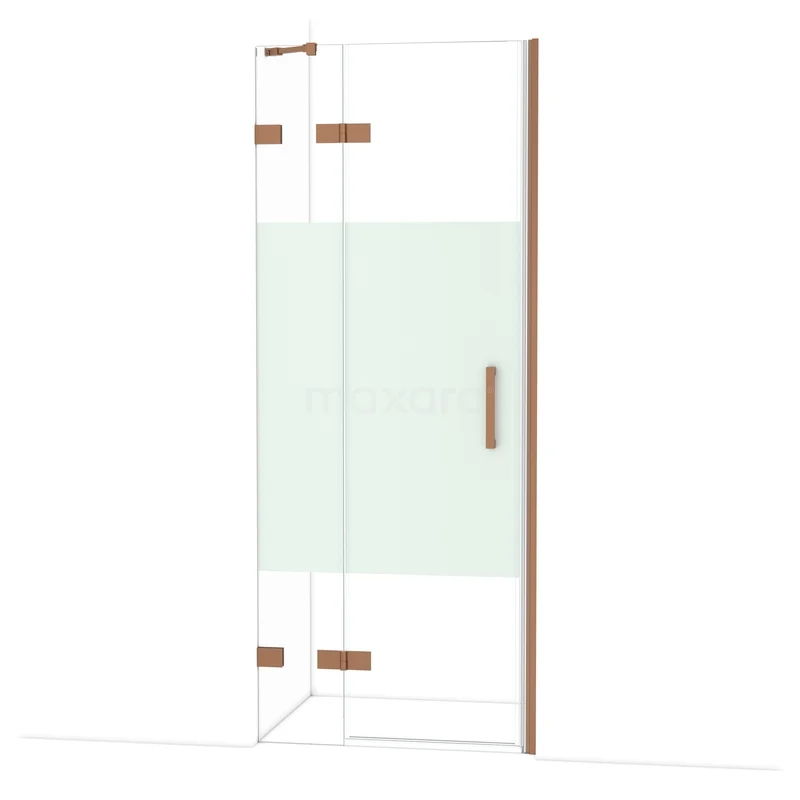Glazen douchewand met koperkleurige scharnieren, matglas design en strak frame voor moderne badkamerstijl.