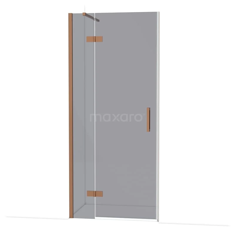 Diamond Douchedeur | 90 cm Koper Rookglas Draaideur DDB21361111KP Glazen douchedeur met hoekige vorm, koperkleurige scharnieren en handgreep, ideaal voor een moderne badkamer inrichting.