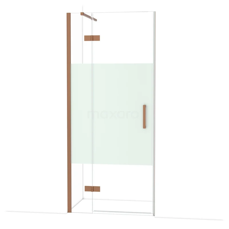 Diamond Douchedeur | 90 cm Koper Helder met matte strook Draaideur DDB21361113KP Glazen douchedeur met mat privacyvlak, koperkleurige scharnieren en handgreep, ideaal voor een moderne badkamer.